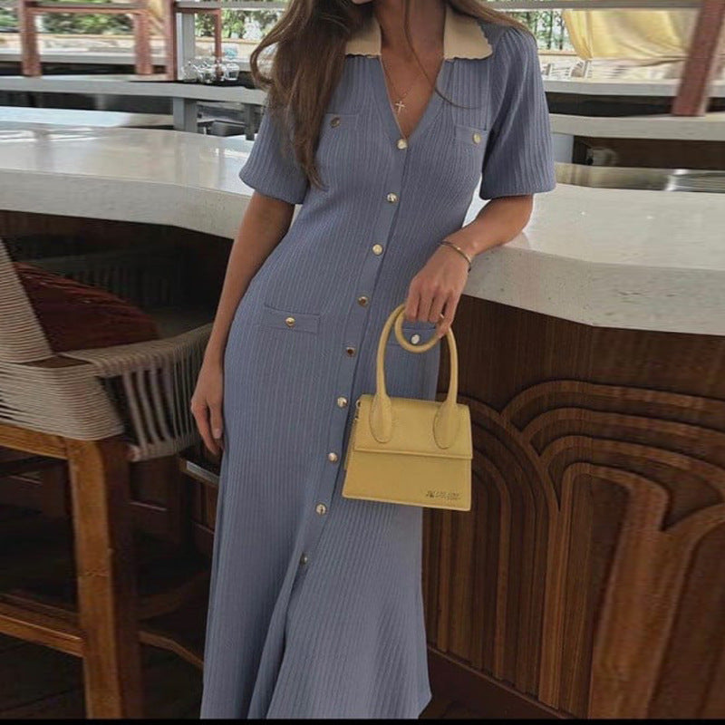 Fashion V-Neck Puff Sleeve Slit Long Sweater Dress Single-Breasted Chic Slim Waist Knitting Dress 4