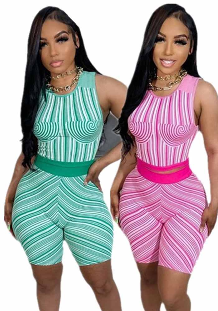 Women Summer Casual Print Sports Tank Top and Shorts Two-piece Set