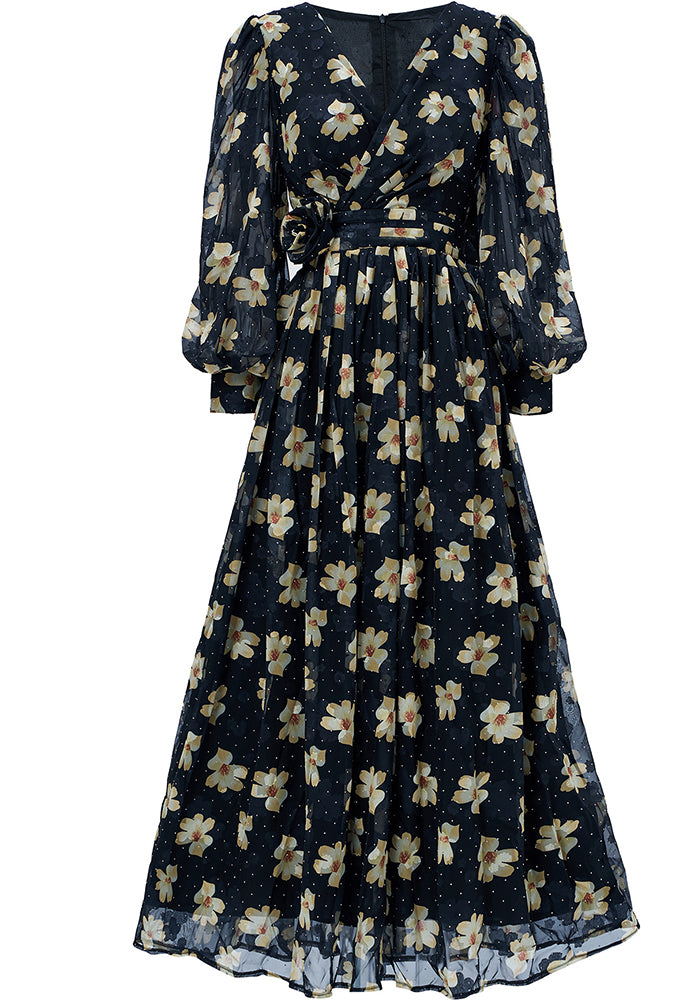 Elegant Women's Long-Sleeve V-Neck Ruffled Formal Party Mesh Evening Gown