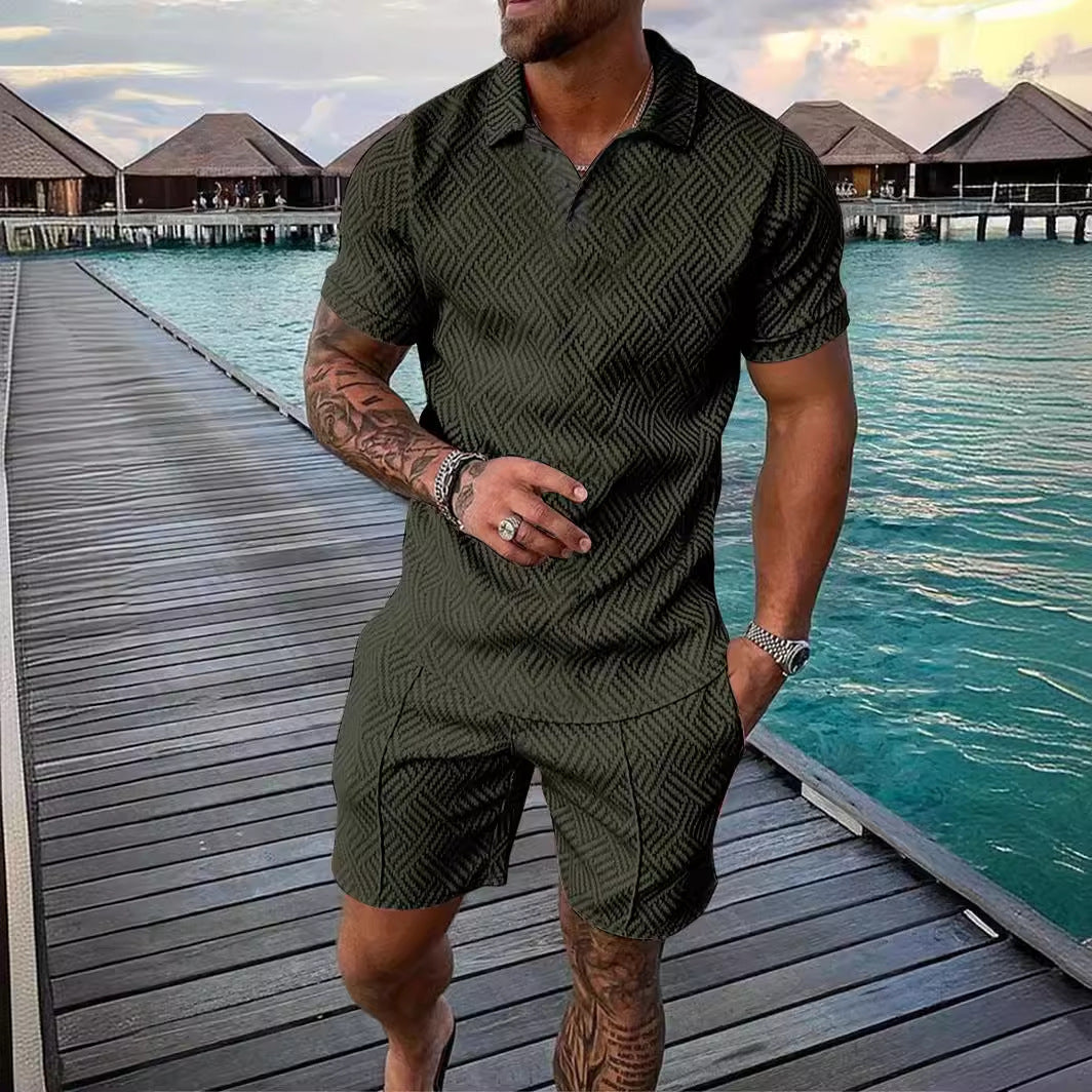 Men's Summer Fashion Casual Printed Turndown Collar Polo Shirt Shorts Two Piece Set