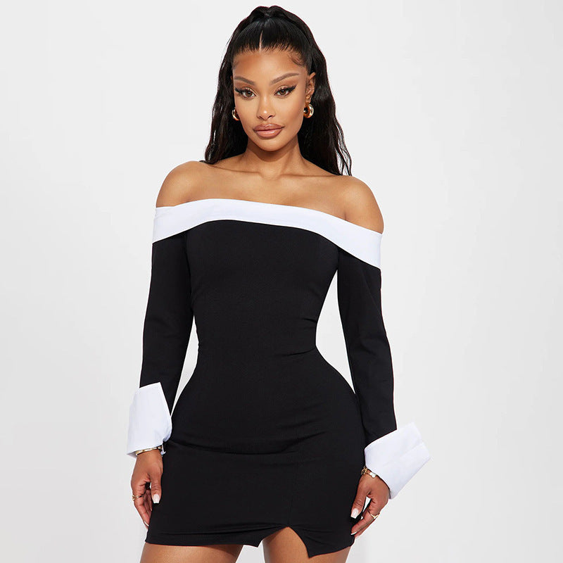 Women Fall Winter Contrast Color Off Shoulder Long Sleeve Bodycon Dress 5