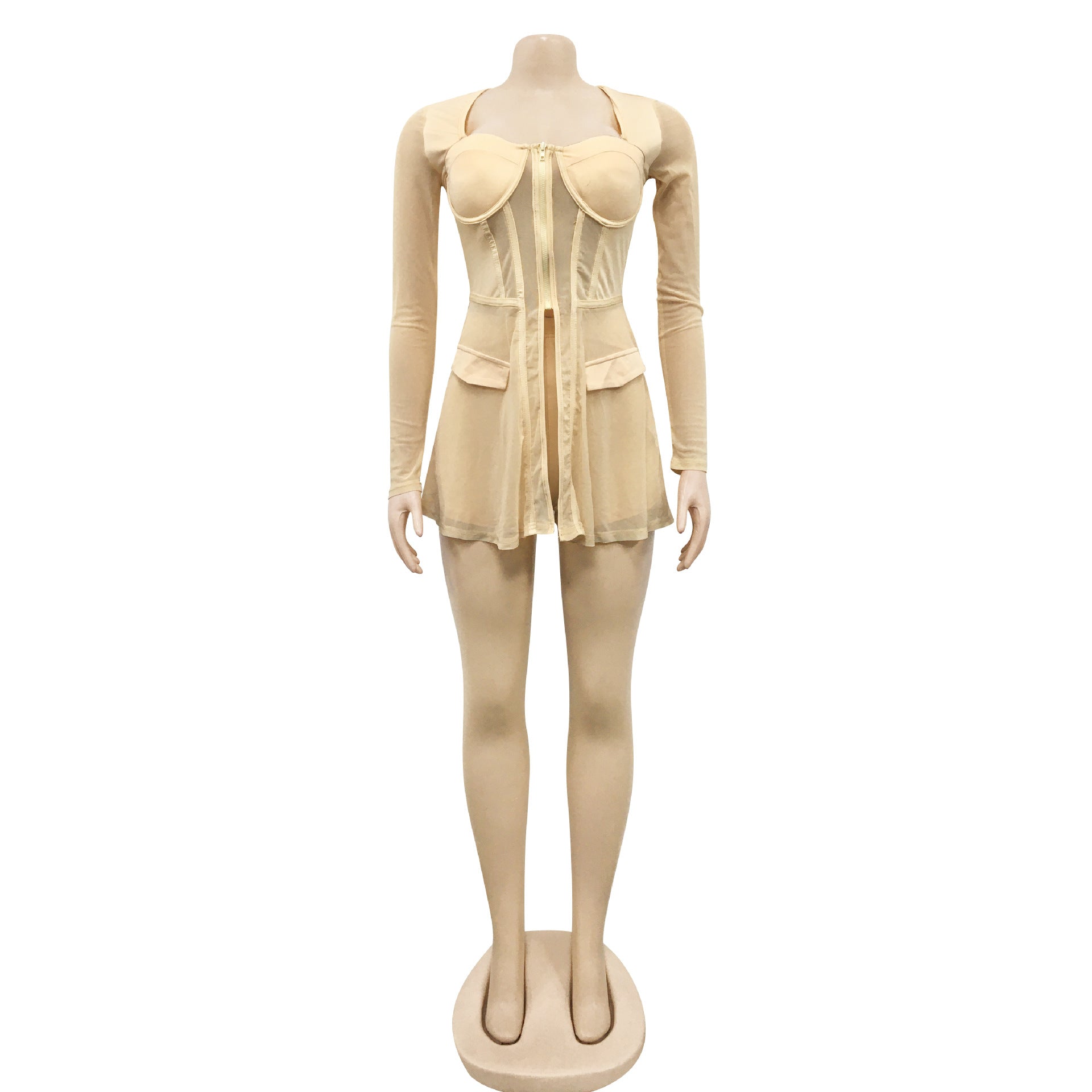 Women Mesh See-Through Long-Sleeved Top and Shorts Two-Piece Set 5