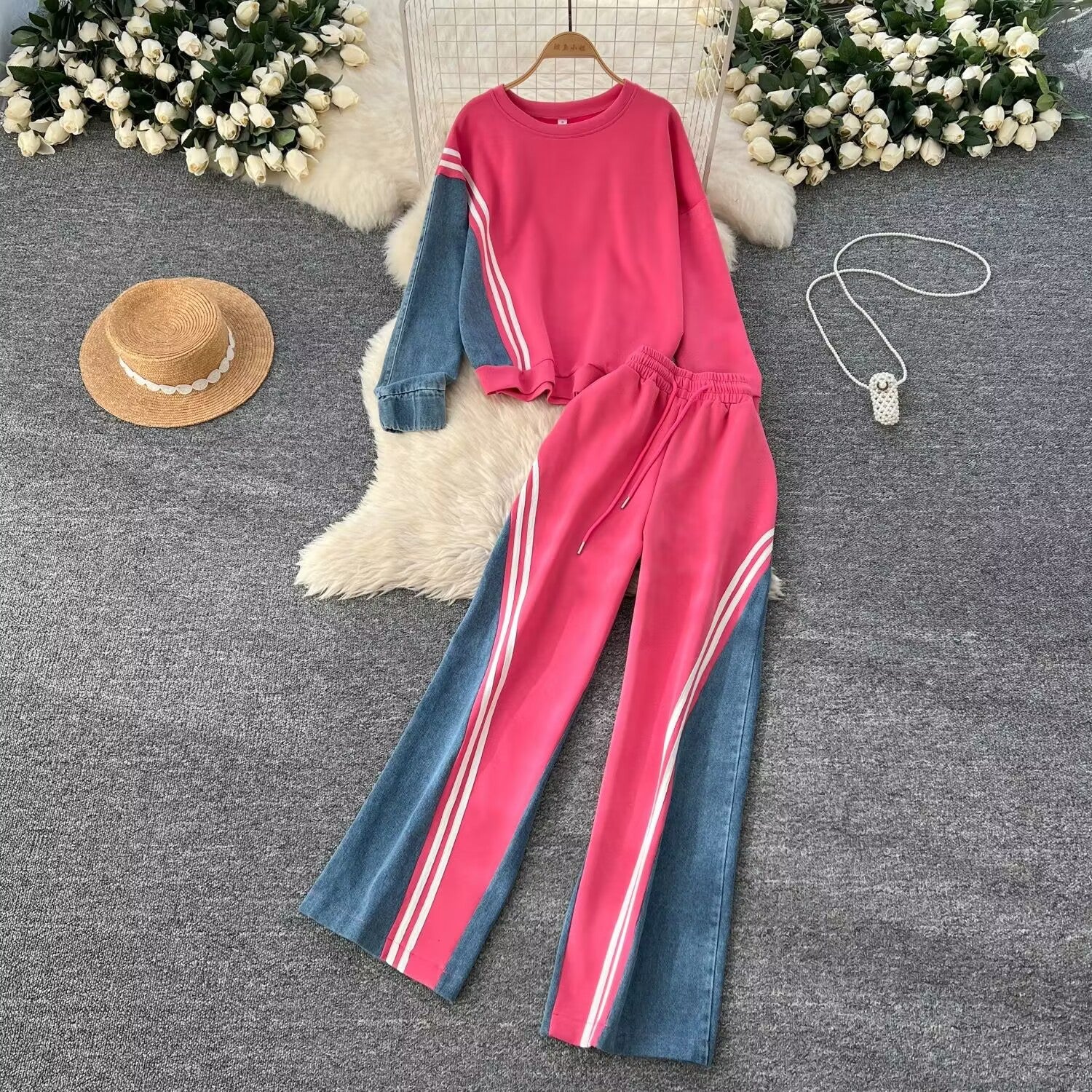Casual Sports Autumn Loose Round Neck Top High Waist Denim Patchwork Trousers Two Piece Set 8