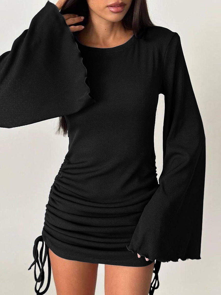 Women sexy Round Neck Bell Bottom sleeve lace-up knitting solid dress 8