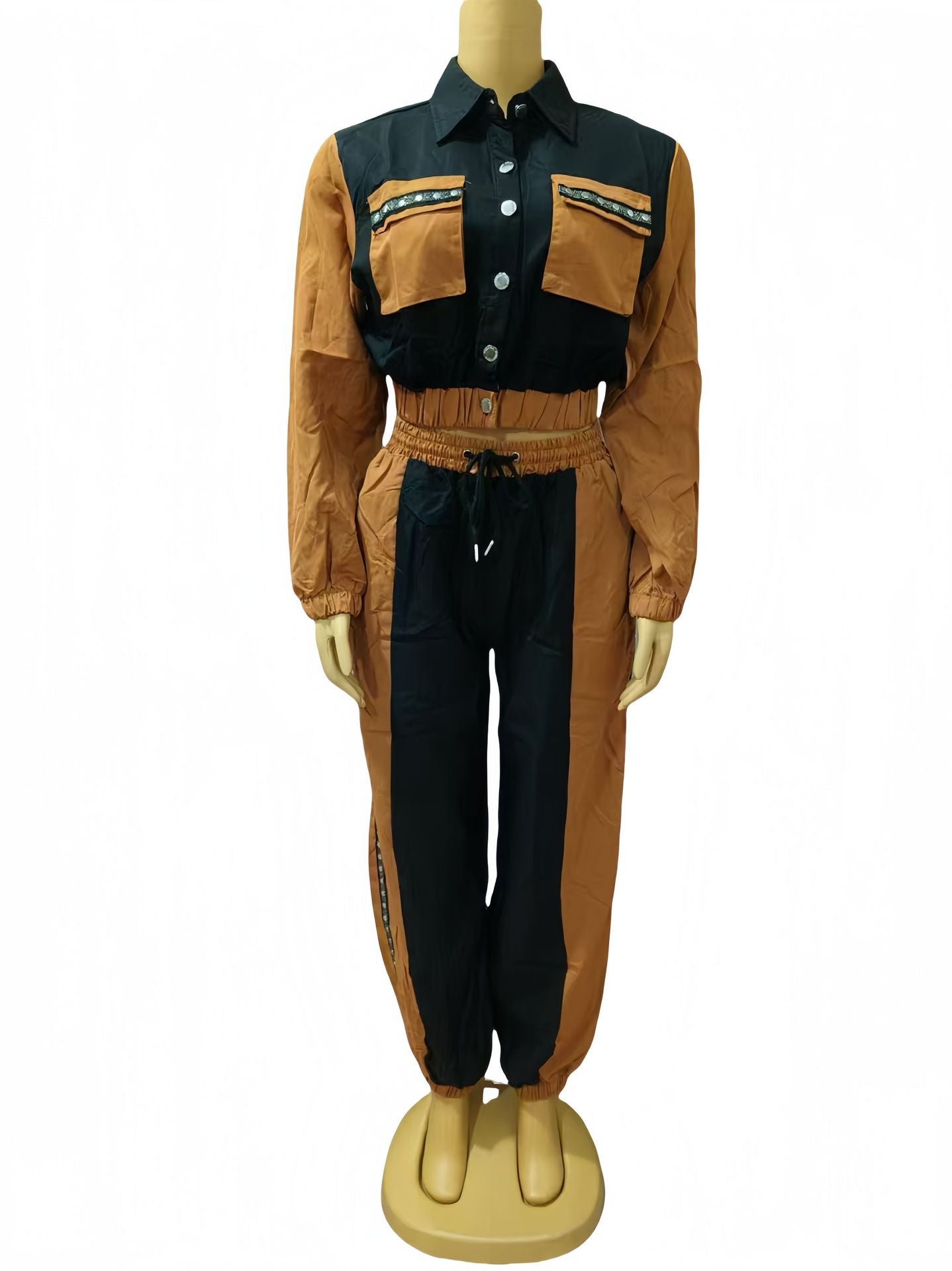 Women color matching Top and multi-pocket trousers Casual Two Piece Set 8