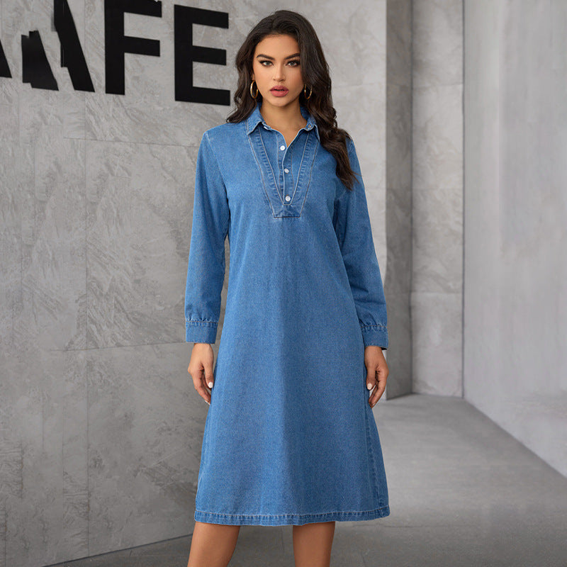 Chic Turndown Collar Long Sleeve Autumn Winter Loose Shirt Denim Dress 3
