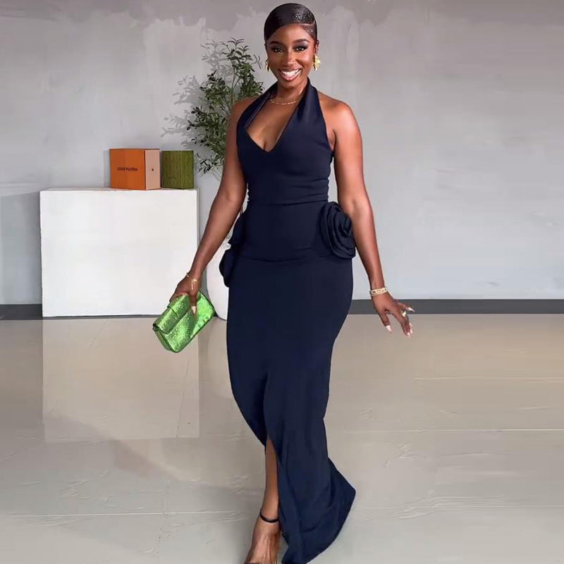 Elegant Women Flower Halter Slit Long Dress