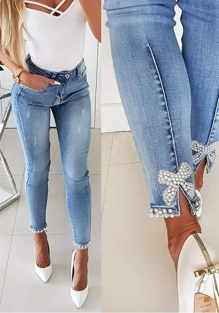 Women butterfly beaded Denim slit Pant