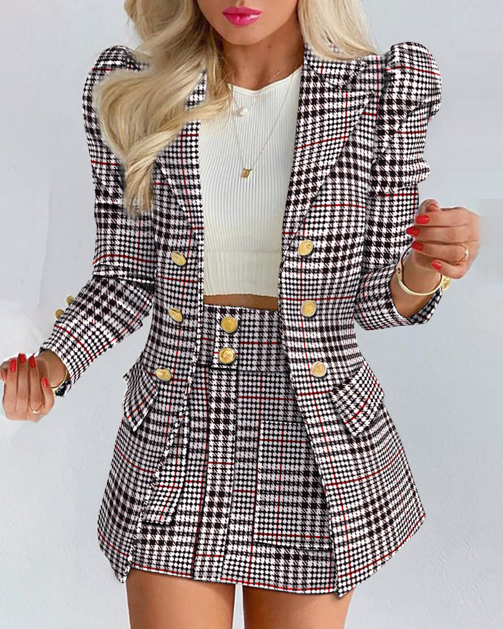 Women Printed Elegant Career Blazer and Print Skirt Two-Piece Set 8