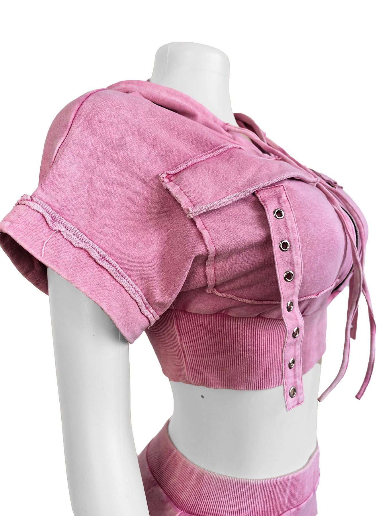 Women Washed Bat Sleeves Hooded Crop Top and Skirt Two-piece Set 13