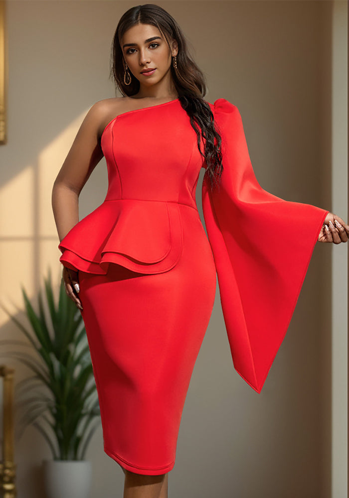 Style Slash Shoulder One-Sleeve Ruffle Party Cocktail Dress