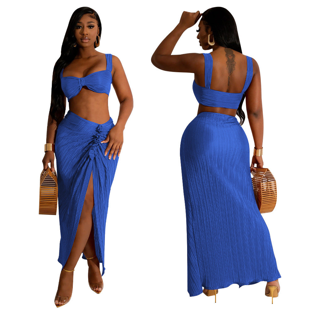 Pleated Sexy Low Back Camisole Top Split Pleated Skirt Set 6