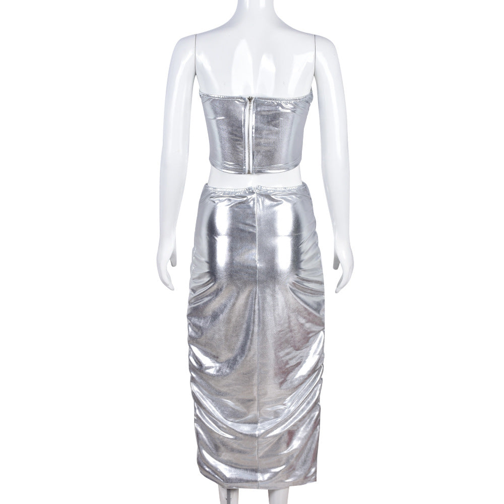 Winter Women's Sexy Cotton-Padded Crop Strapless Top Slim Long Skirt Two Piece Set 8