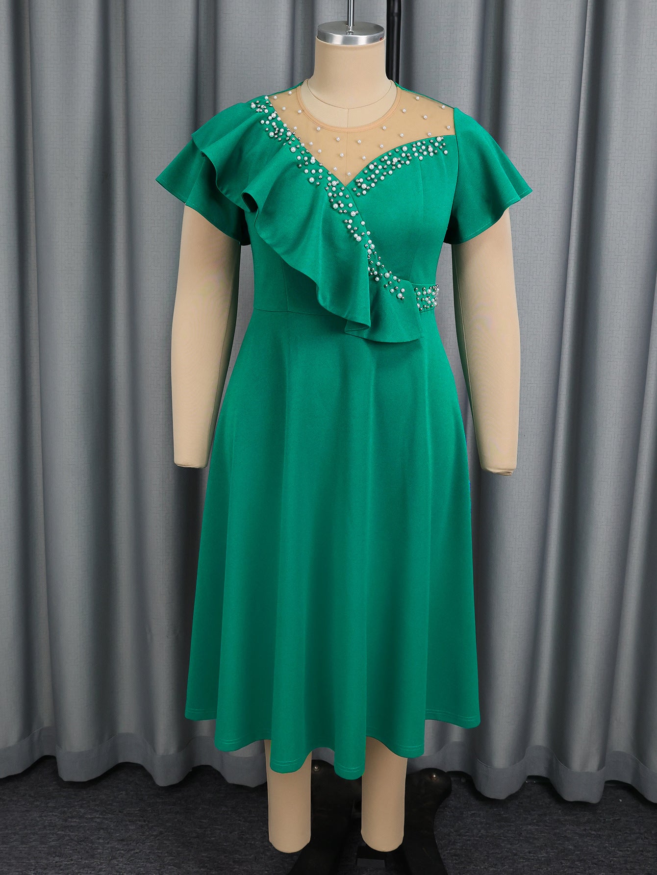 Plus Size Women's Flounce Short Sleeve Mesh Patchwork Rhinestone A-Line Elegant Dress 6