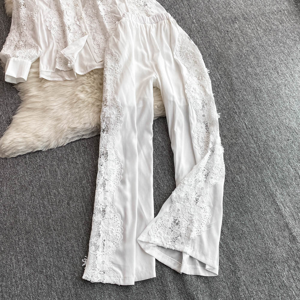 Women French Lace Patchwork Long Sleeve Shirt Wide Leg Pants Two Piece 10