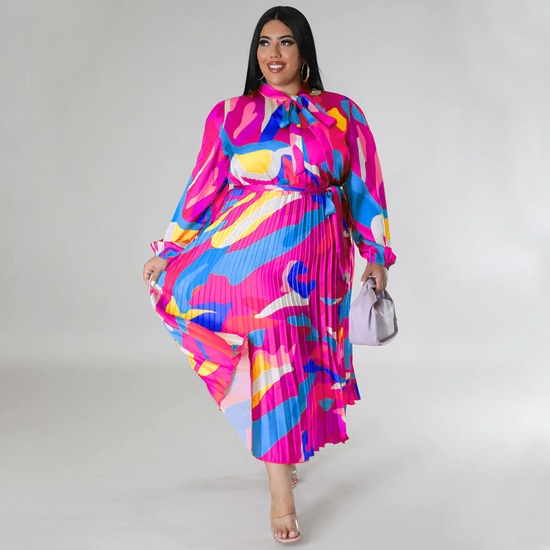 Plus Size Women Lace-Up Long Sleeve Printed Pleated Dress 23