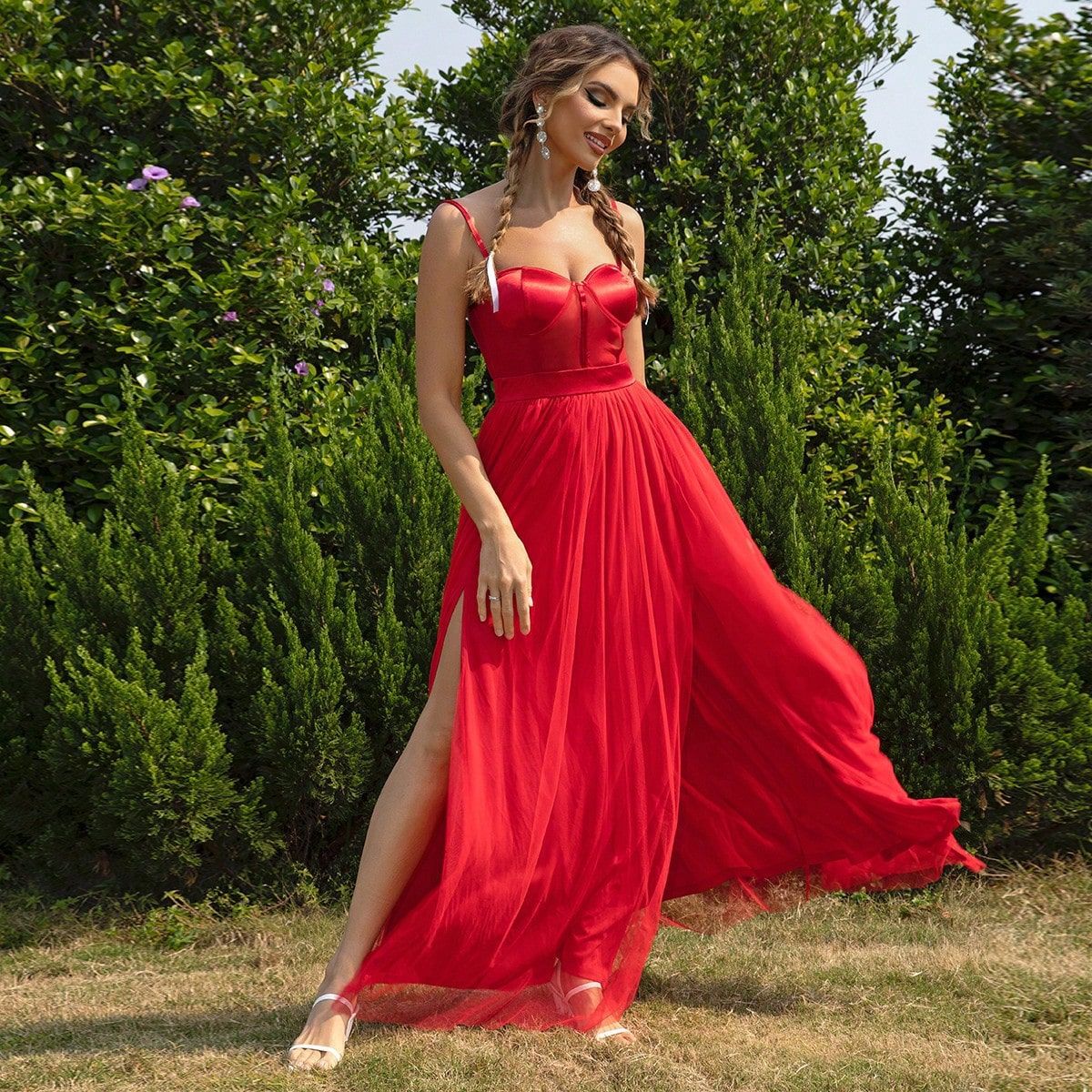 Women Contrast Color Mesh Slit Dress 17