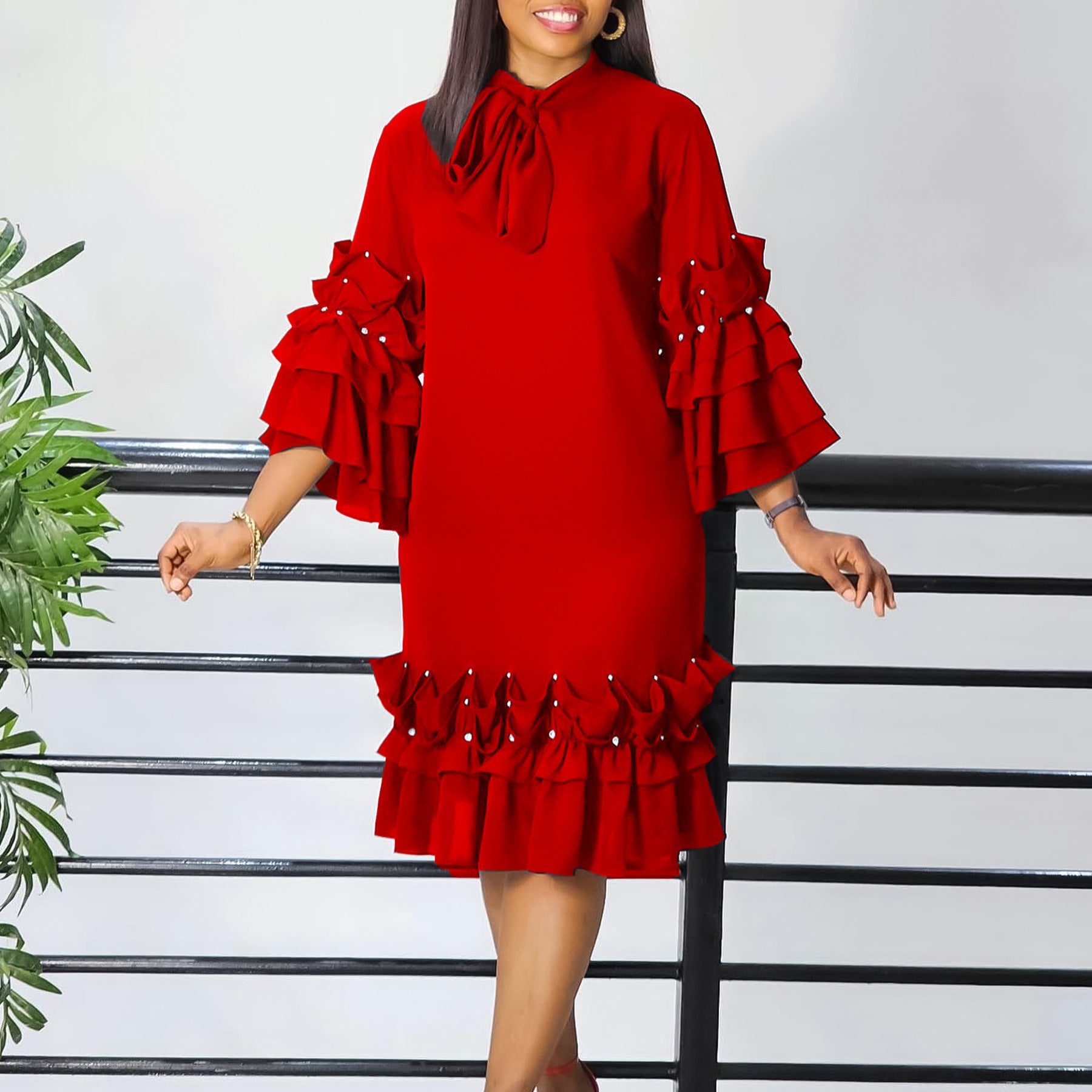 Women's Fashionable And Elegant Lace-Up Multi-Layered Ruffled Bell Bottom Sleeve Loose Dress 7
