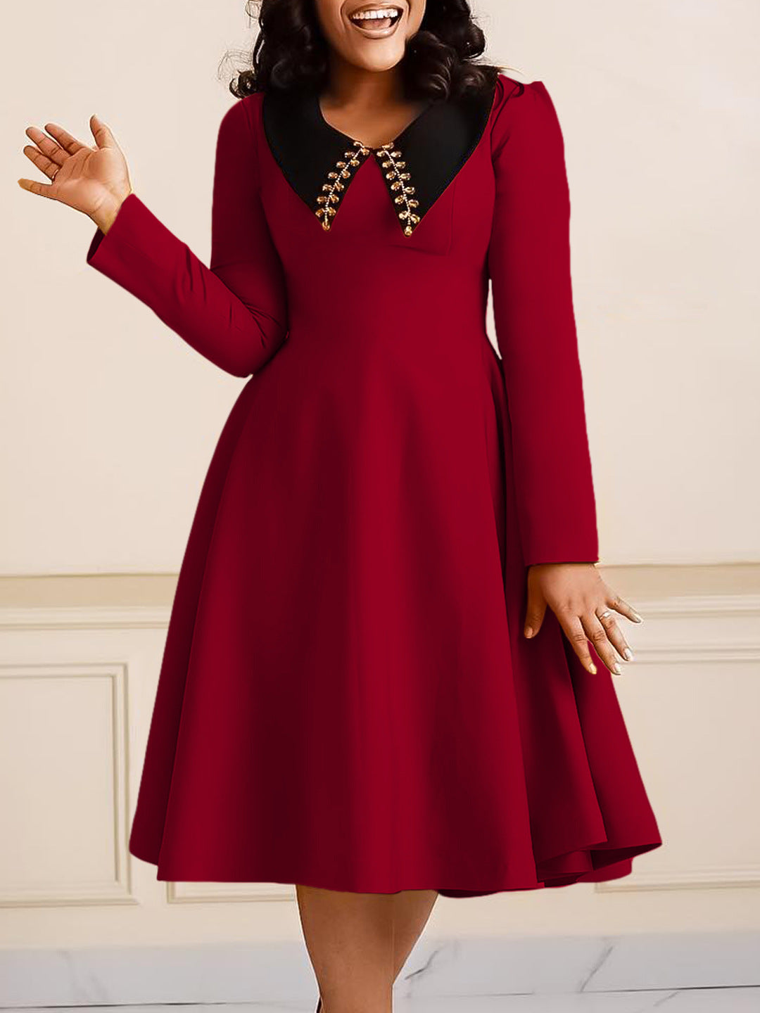 African Women Solid Long Sleeve Turndown Collar Elegant Dress 5