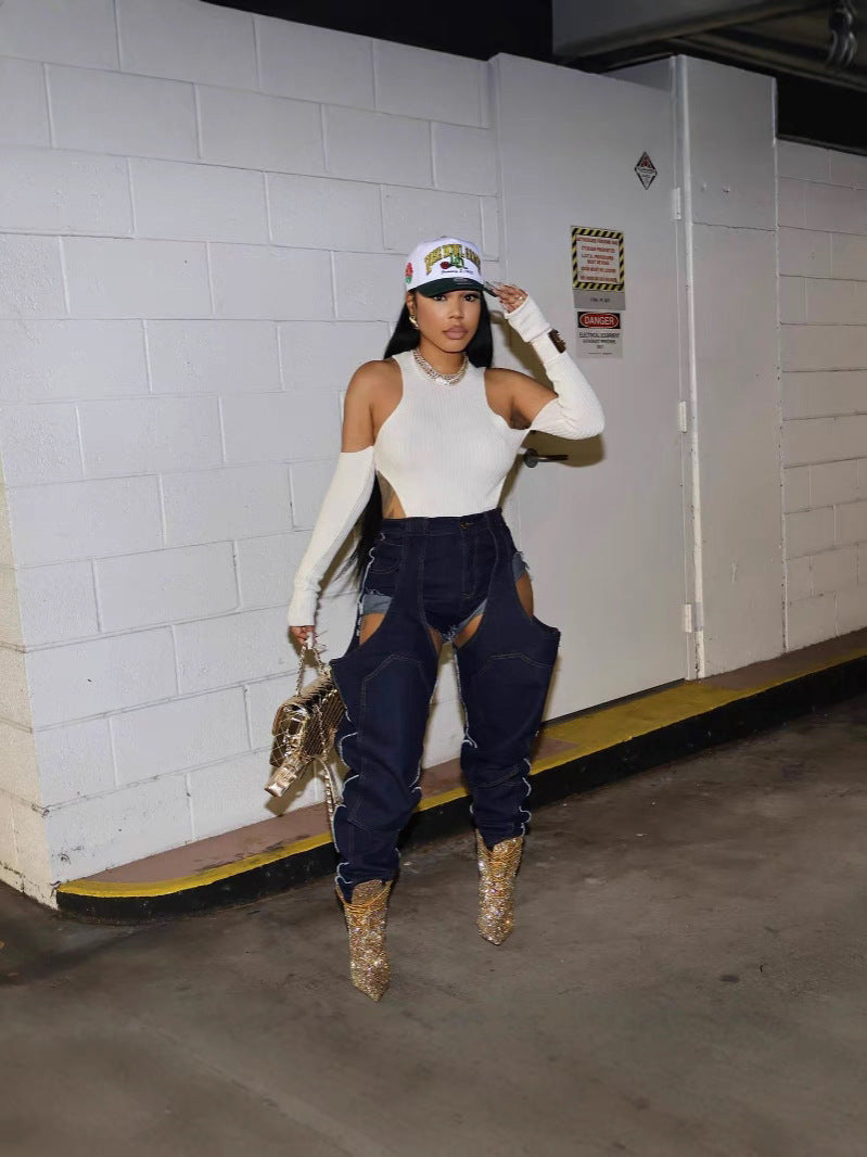 Fashion Irregular Hollow Patchwork Zipper Elastic Denim Jeans 6