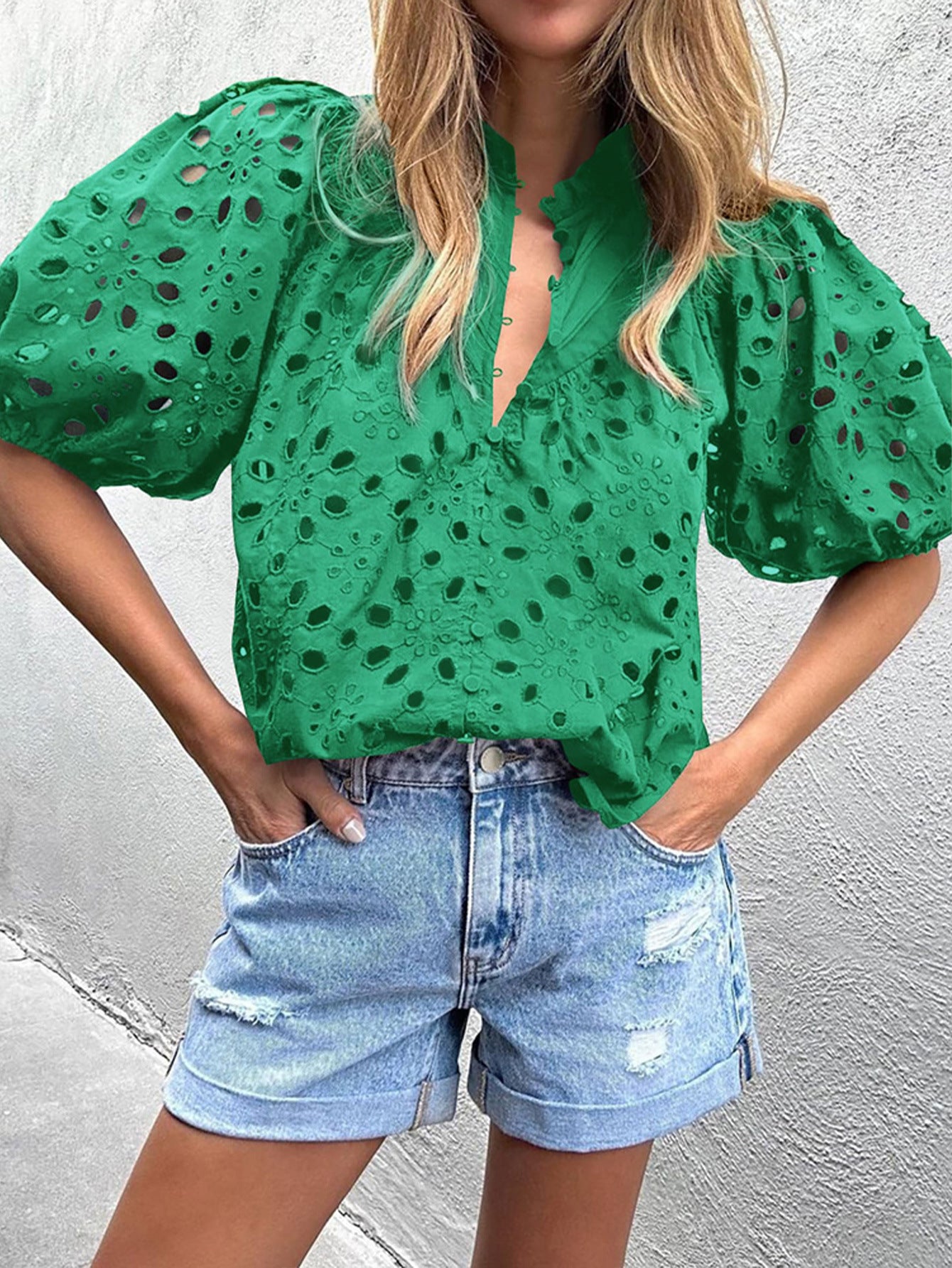 Women Chic puff sleeve embroidered shirt 4