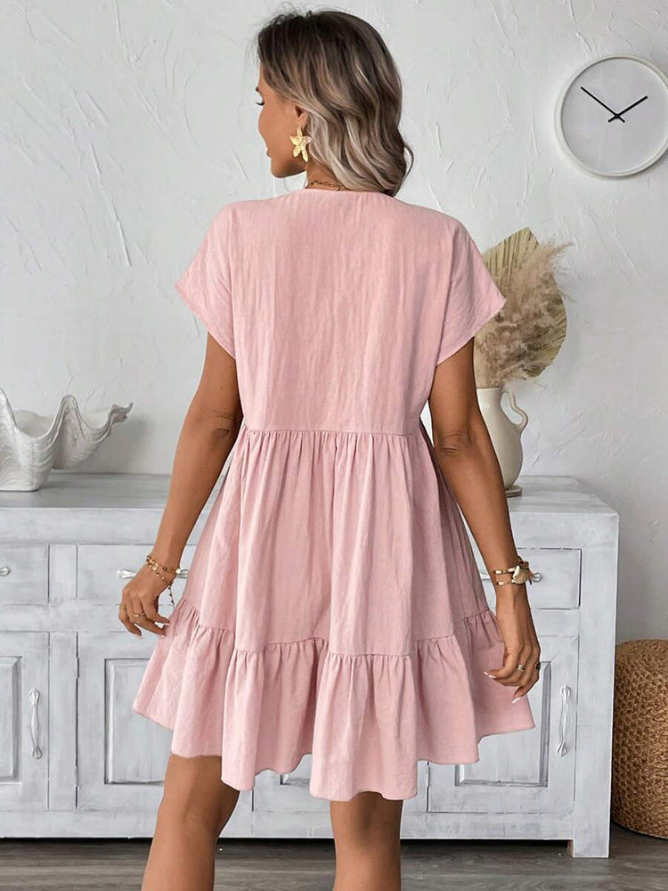 Women's Summer Holiday Style Ruffle Hem V-Neck Solid Color Loose Short Dress 9
