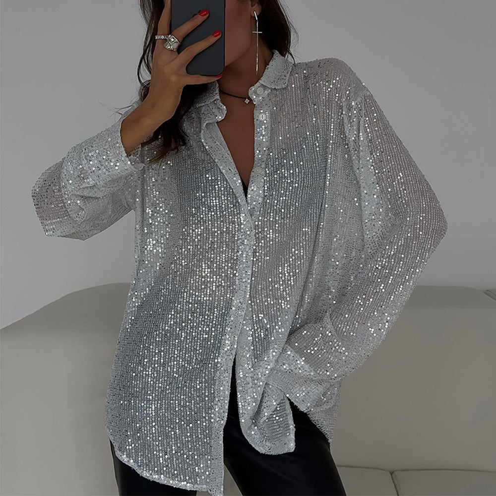 Women Solid Sequin Casual Turndown Collar Loose Long Sleeve Shirt 8