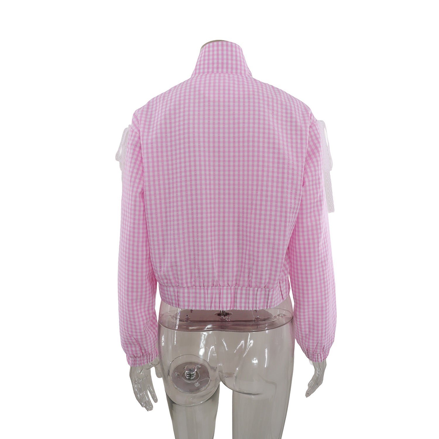 Women fall/winter plaid long-sleeved zippered lace bow jacket 9