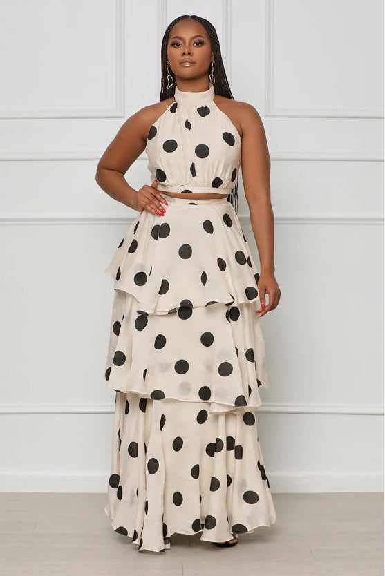 Women's Halter Neck Polka Dot High Waist Ruffle Fashion Skirt Set