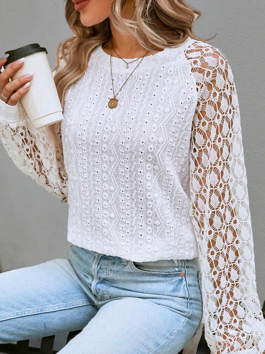 Autumn Long Sleeve Round Neck Lace Patchwork Solid Color Shirt 6