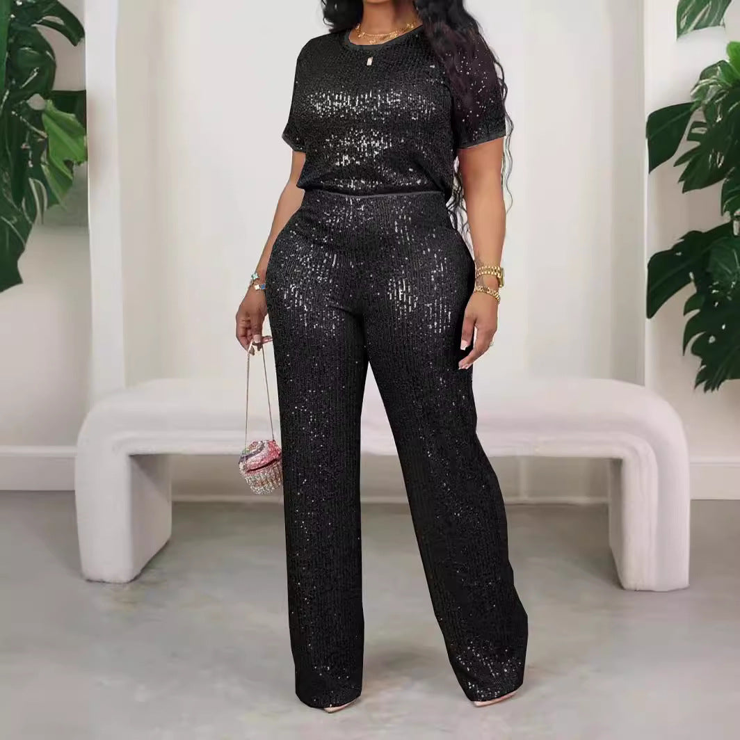Women Summer Sequin Solid Short Sleeve Top and Pants Two-piece Set 3