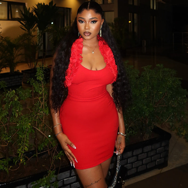 Women's fashion solid color dress sexy ruffle halter strap Low Back Bodycon dress 5