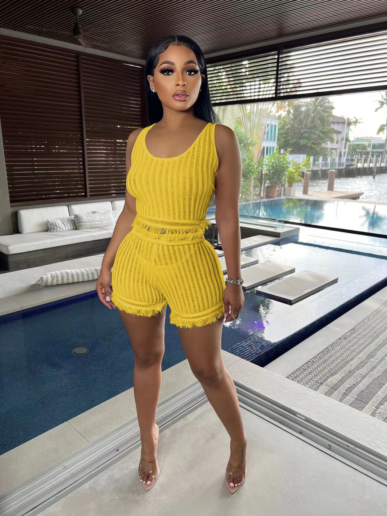 Women'S Clothing Ladies' Fashion Casual Knitting Sleeveless Tassel Two-Piece Shorts Set 7