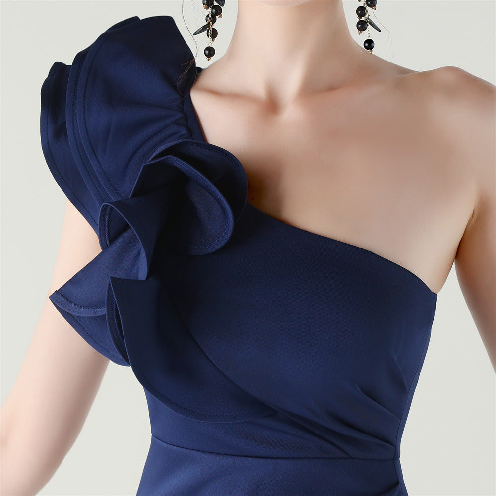 Women One-Shoulder Beaded Wool and Floral Satin Slit Sexy Evening Dress 54