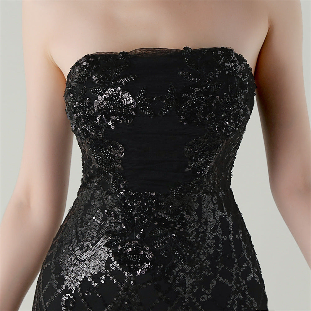 Women Strapless cross Lace-Up sequined tube flower sequined mesh evening dress Formal Party evening dress 64