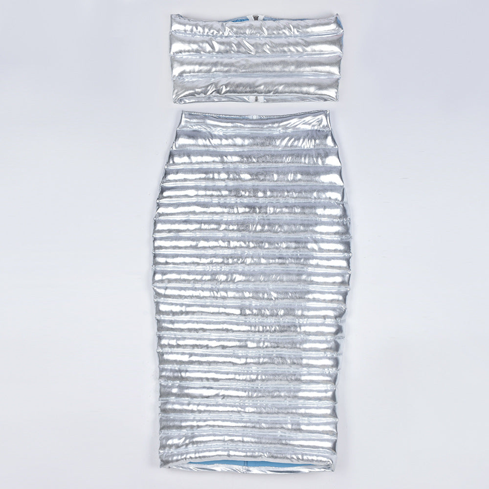 Winter Women's Sexy Cotton-Padded Crop Strapless Top Slim Long Skirt Two Piece Set 9