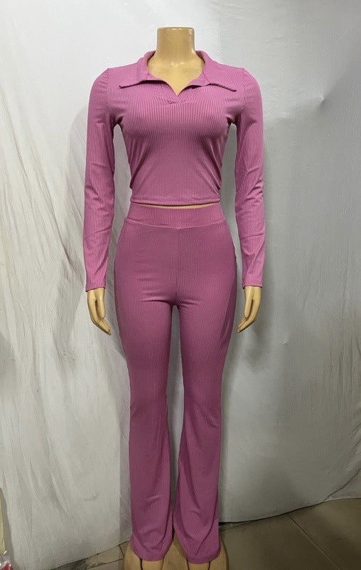 Women turndown collar knitting long sleeve top and Pants two-piece suit 6