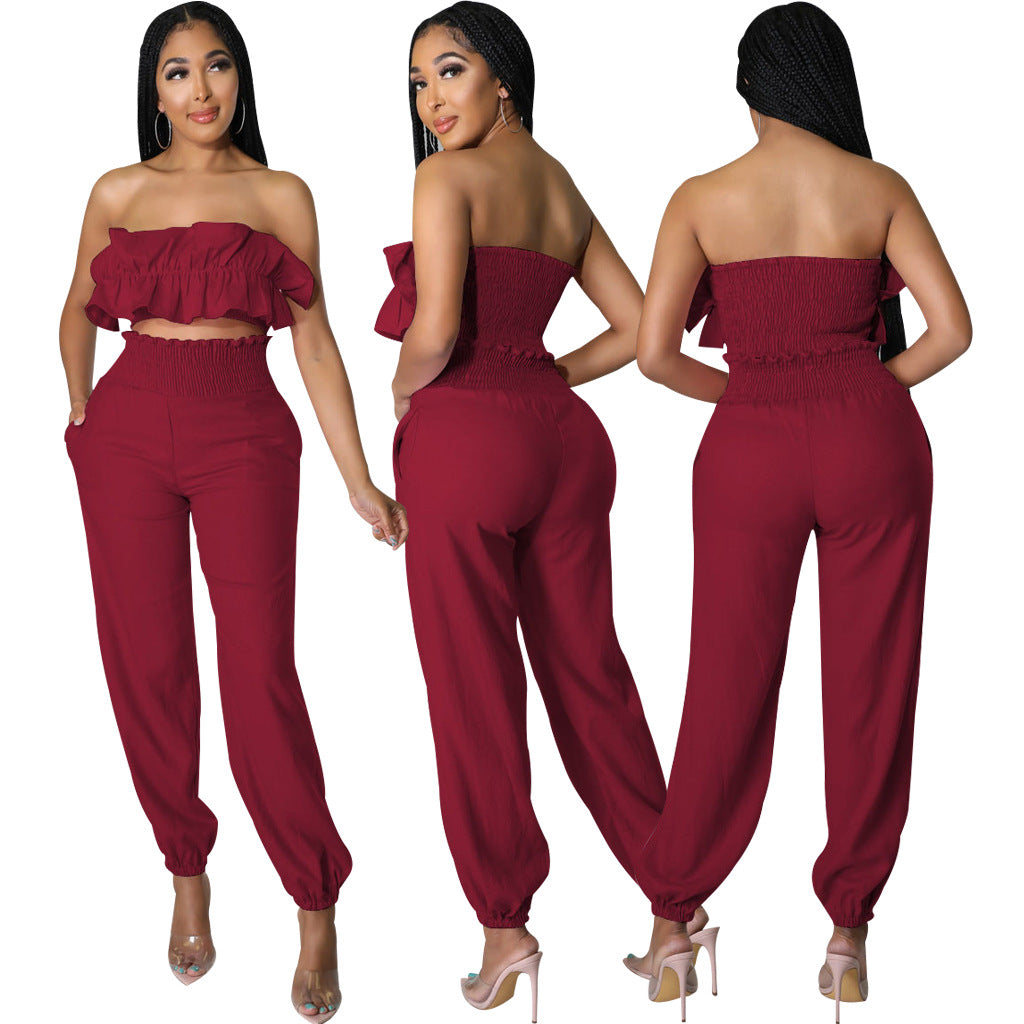 Sexy Fashion Elastic Solid Color Strapless Two-Piece Pants Set 4
