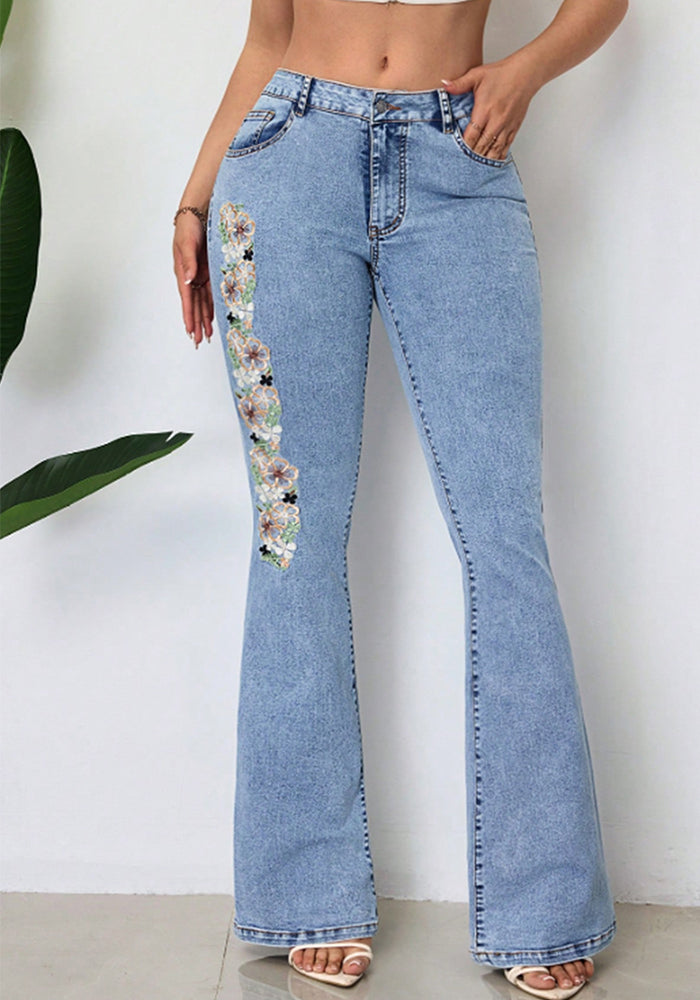 Embroidered Retro High-Waist Bell Bottom Denim Pants