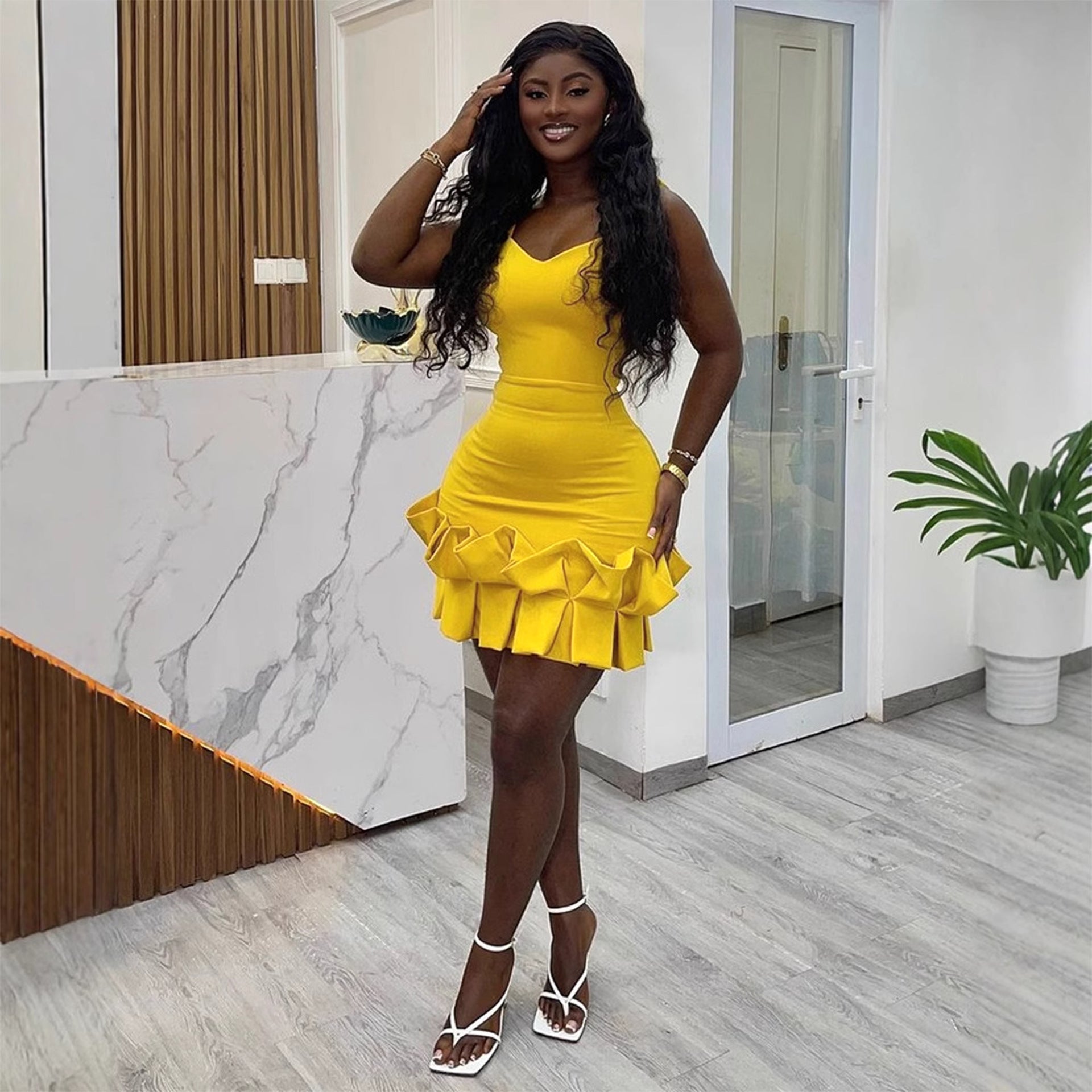 Women Pleated Lace Backless Bodycon Dress