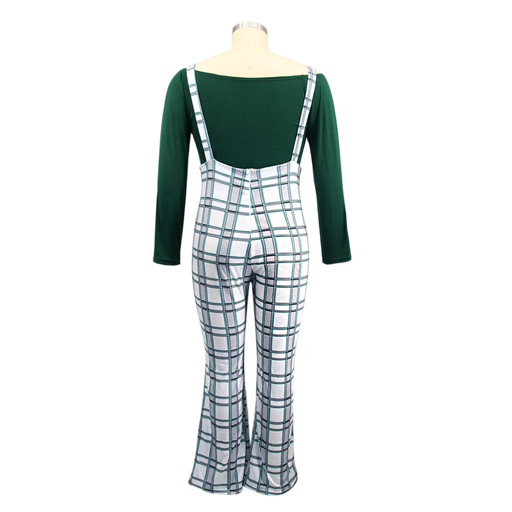 Plus Size Women Long Sleeve Top and Plaid Suspenders Set 10