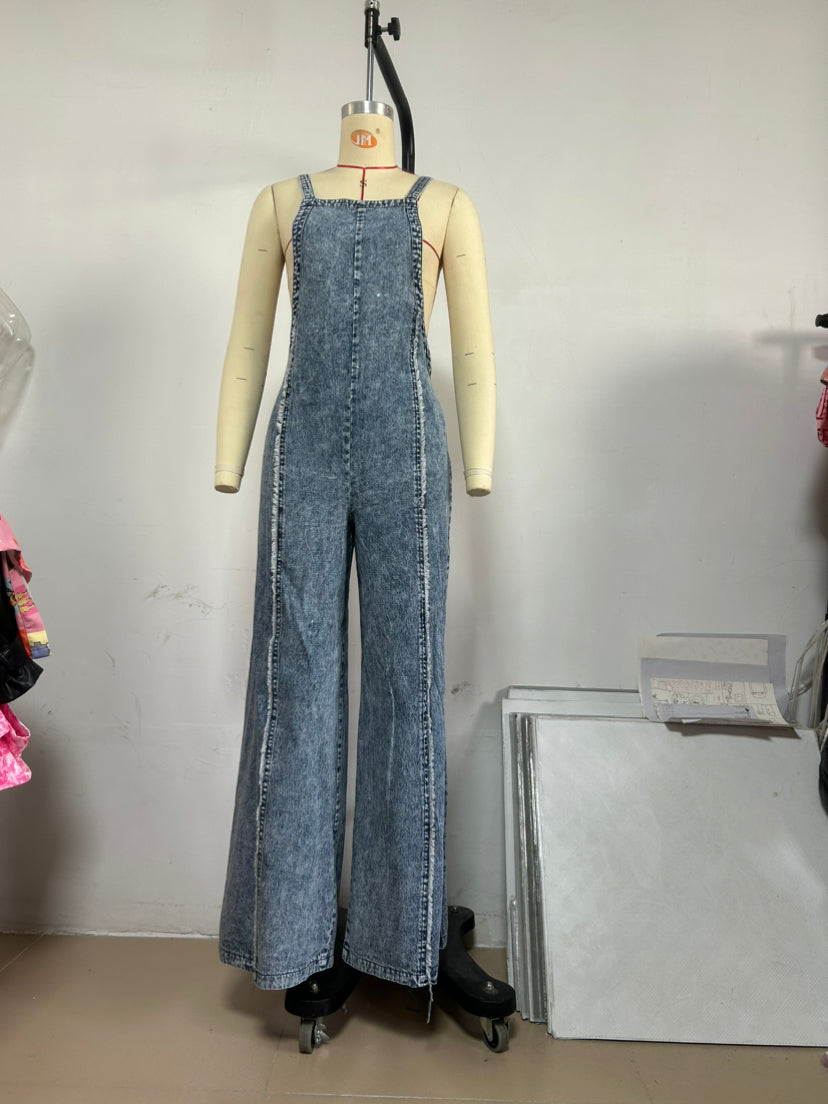 Women Spring Vintage Washed Raw Edge Wide Legs Loose Overalls 6