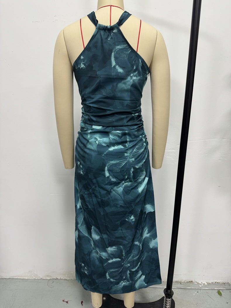 Women Summer Off-shoulder Pleated Slit Casual Maxi Dress 5