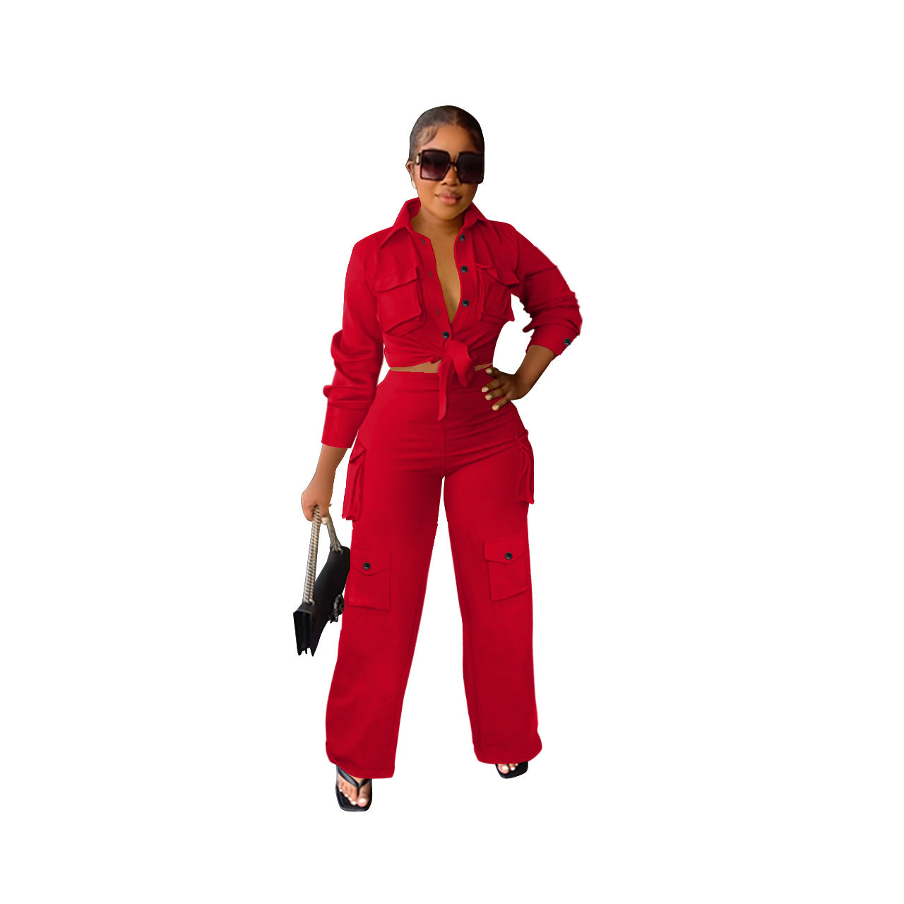Women Cargo Long Sleeve Top and Wide Leg Pants Solid Two-Piece Set 14
