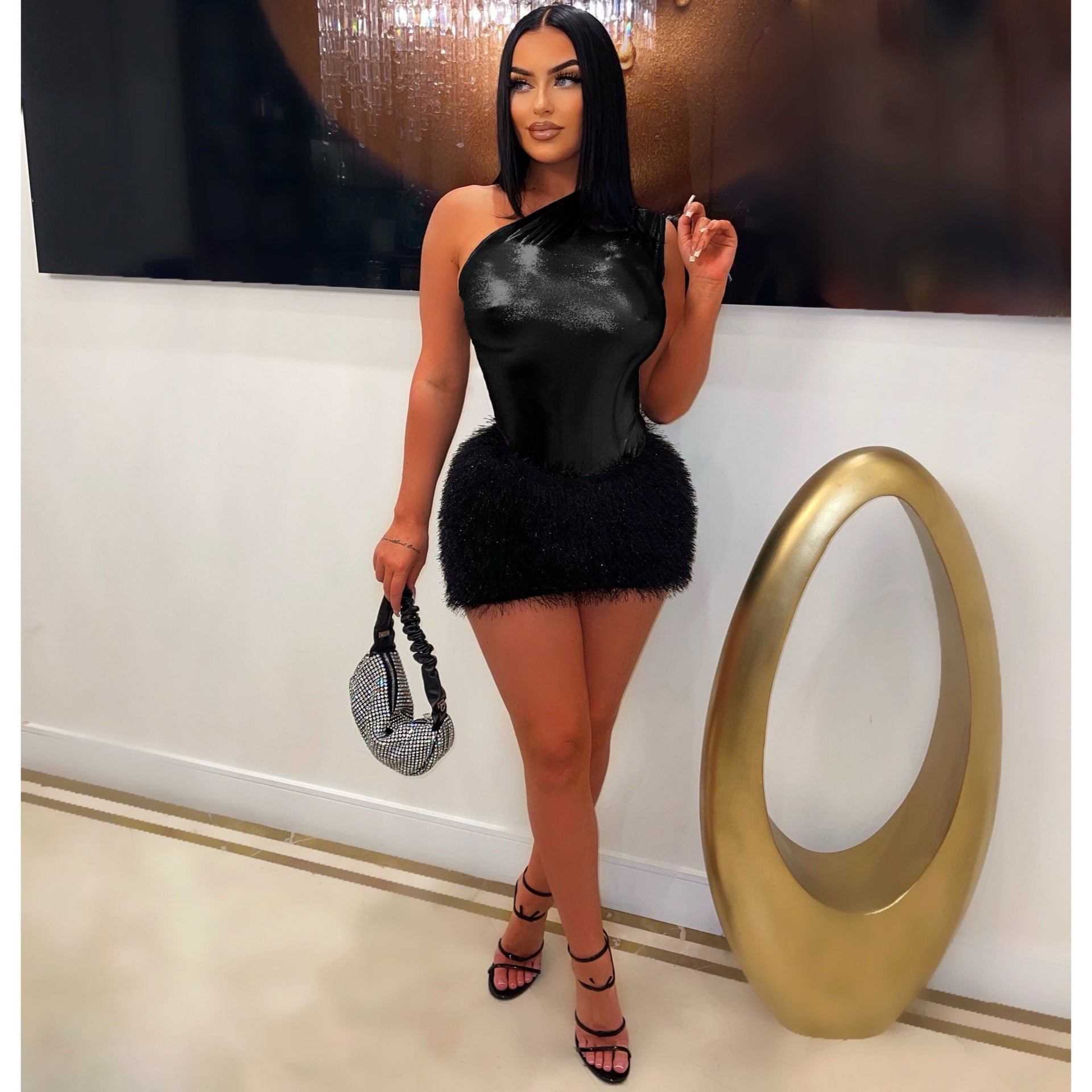 Women's Solid Color Glossy Bodysuit Sexy Short Skirt Two-Piece Set 9