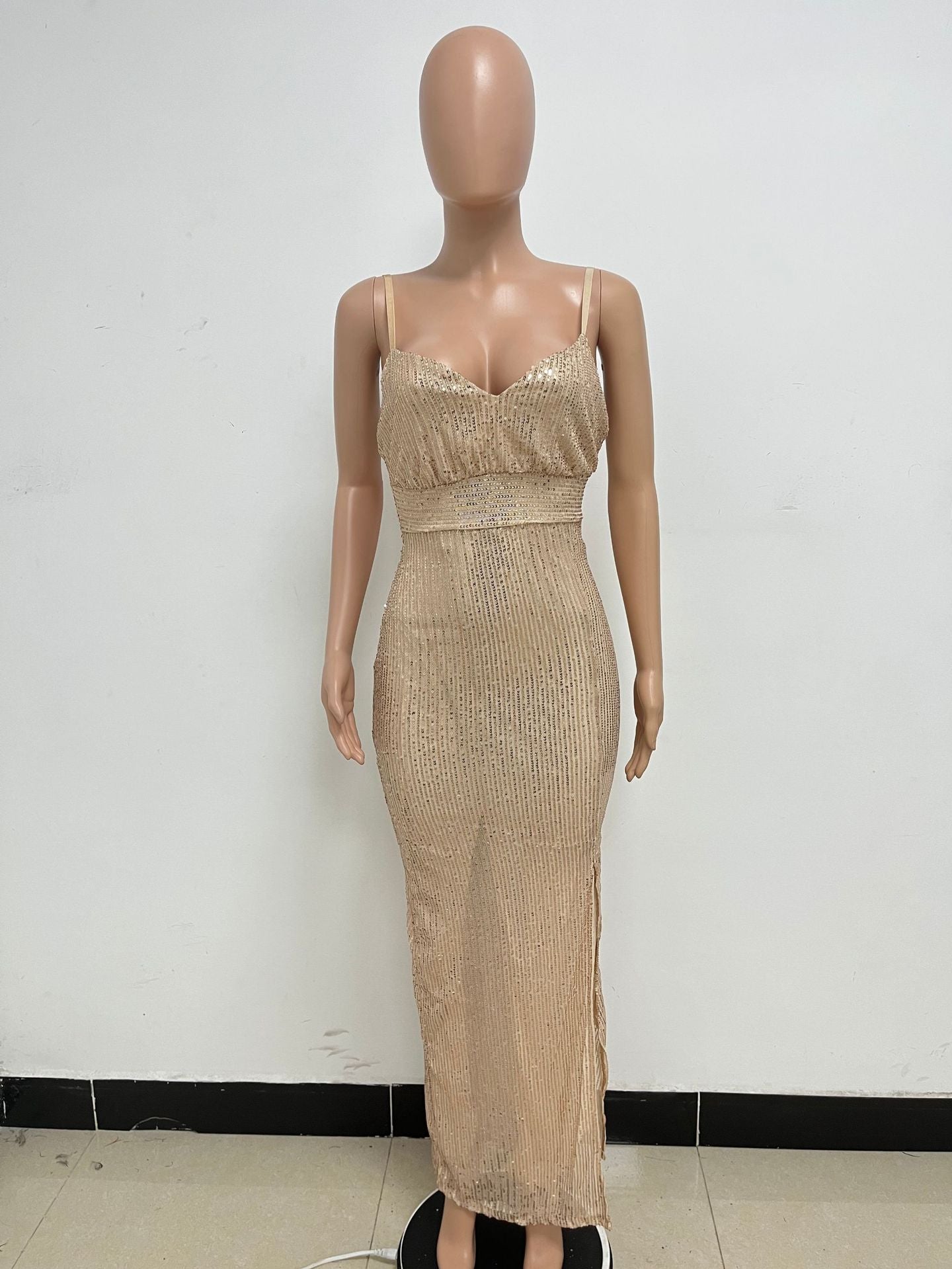 Women's Summer Slit Low Back Dress Sequined Sleeveless Suspender Dress 40