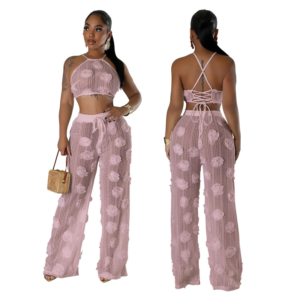 Women Solid Color See-Through Lace-Up Top Loose Slim Pants Two-Piece Set 6