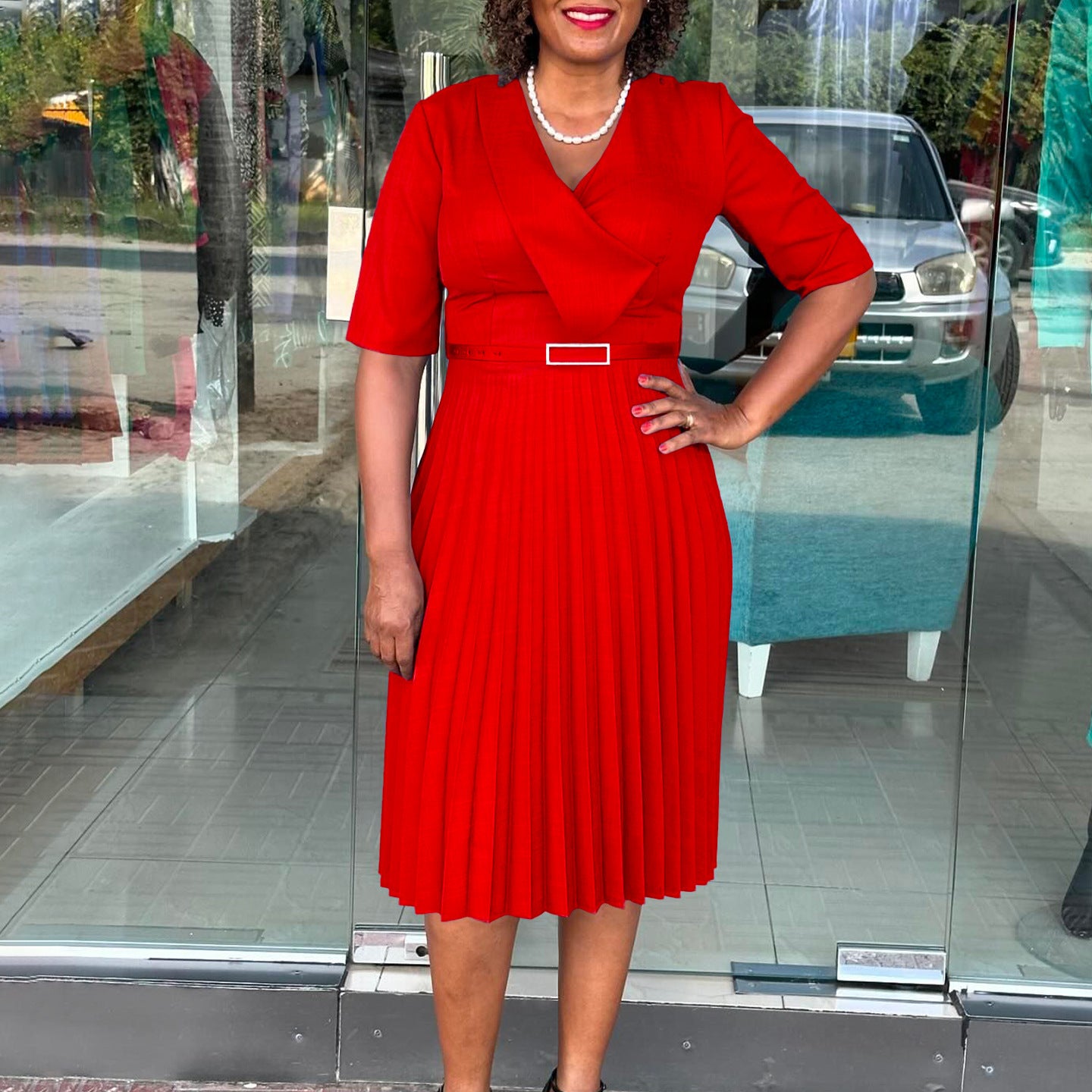 Plus Size Women's Summer Fashion Solid Color Elegant V Neck Pleated African Dress 4