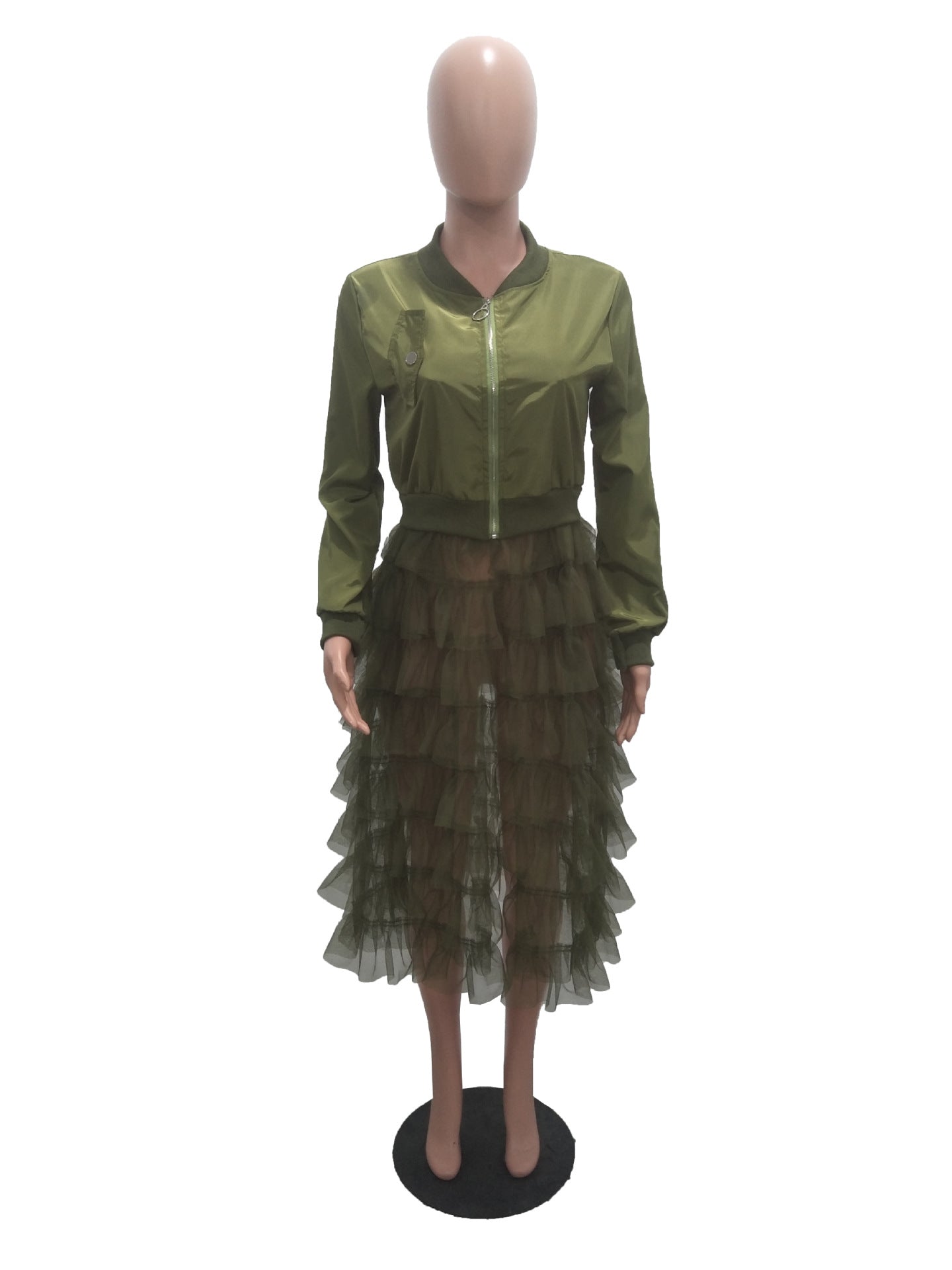 Fashionable Zipper Solid Color Mesh Lace Patchwork Jacket Coat 15