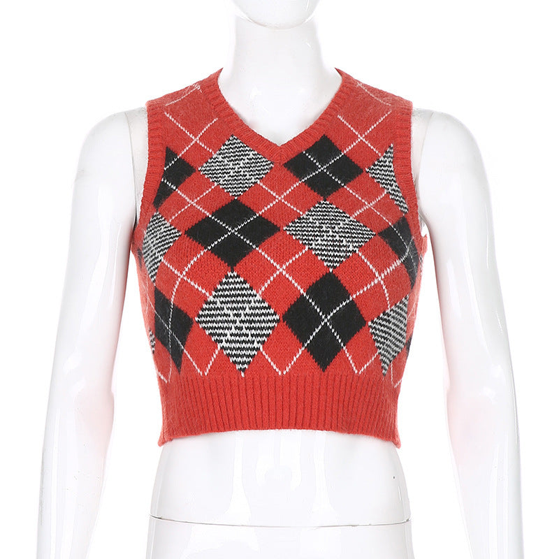 Women Solid Plaid Sleeveless V-Neck Sweater 33